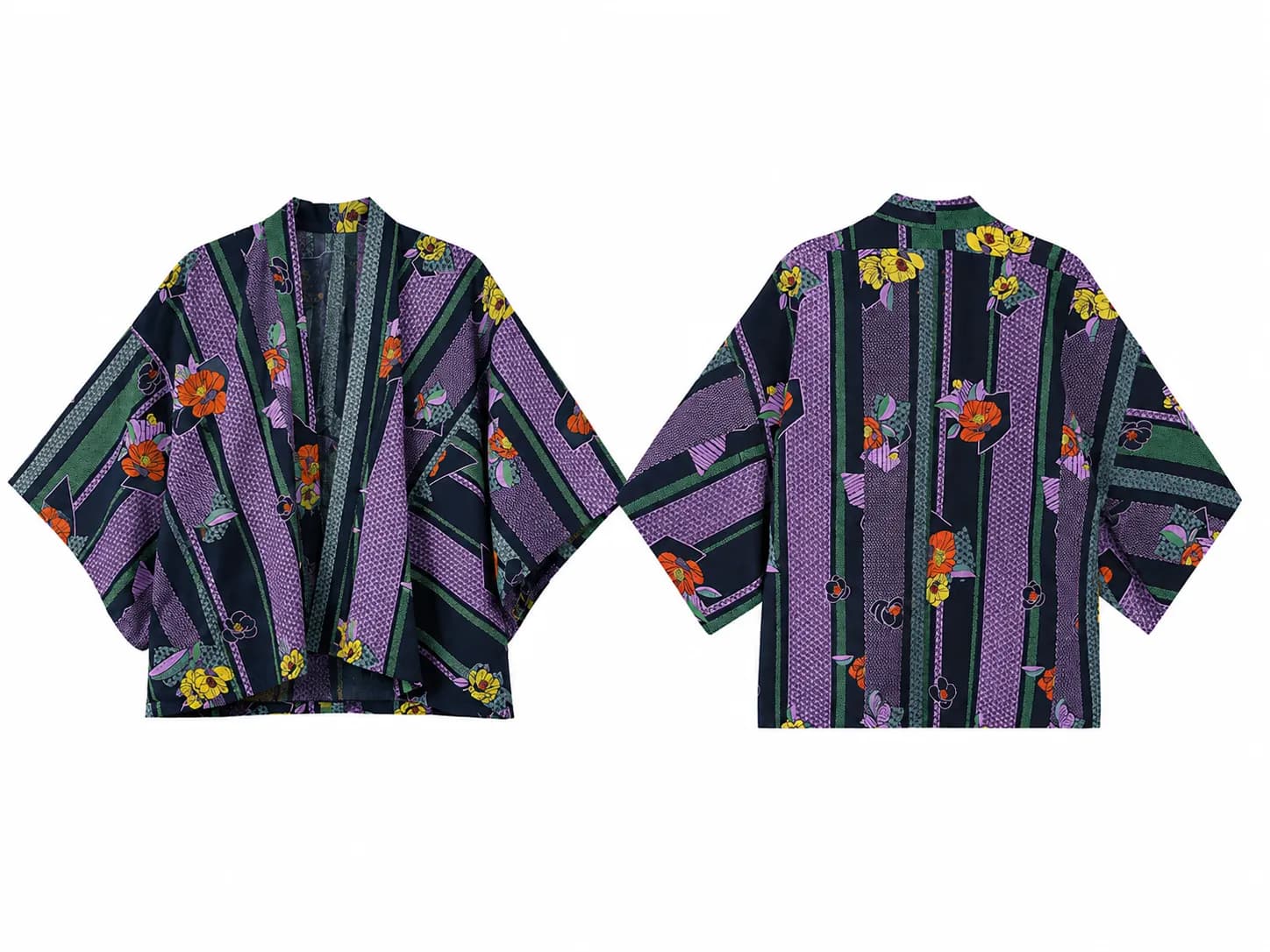AI-developed e-commerce image: front and back views of a floral striped kimono jacket, photographed flat on a plain background.