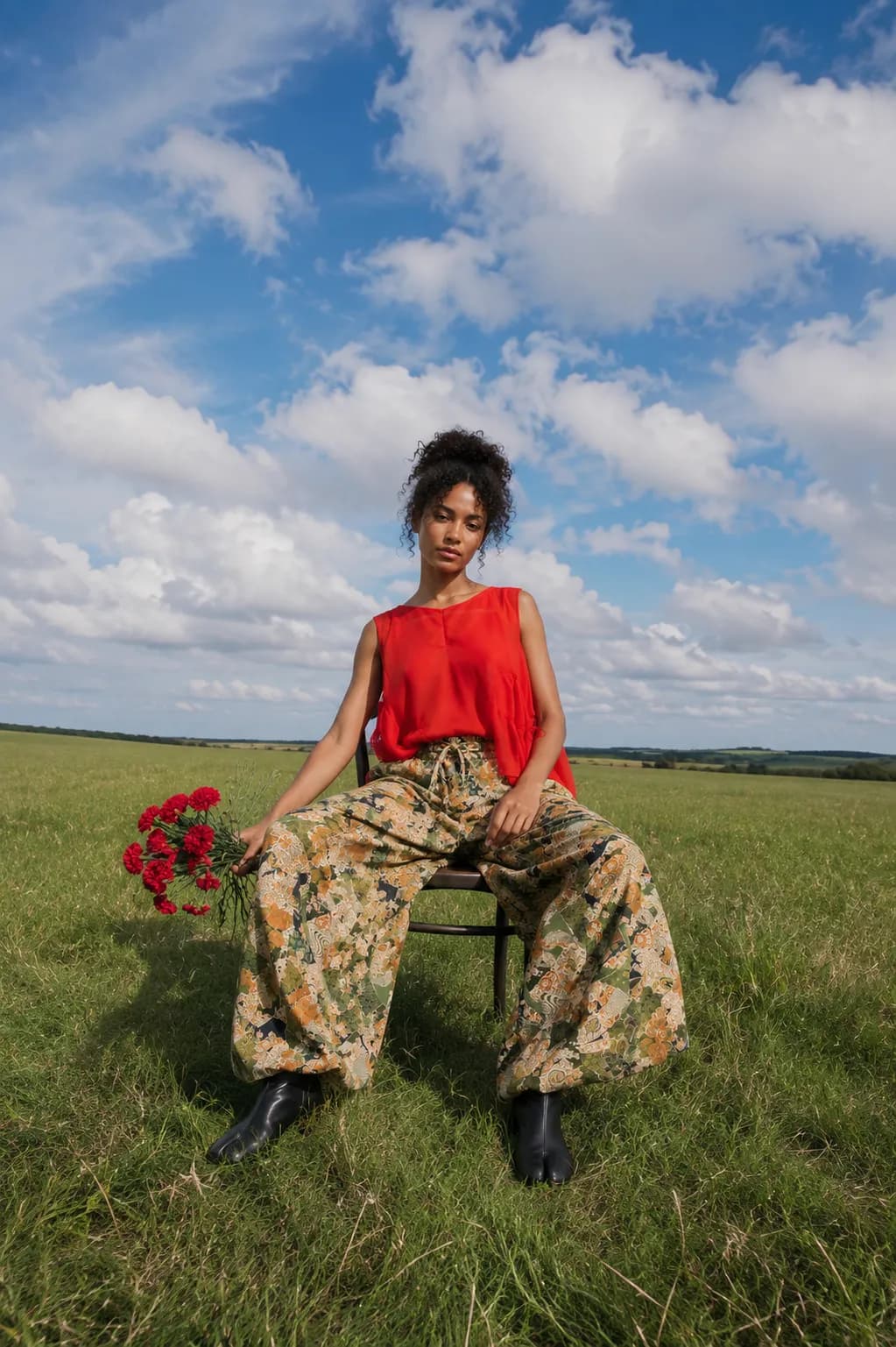 AI-developed editorial image: a model seated on a chair in an open field under a cloudy sky, in a red top and floral wide-leg trousers, holding red flowers.