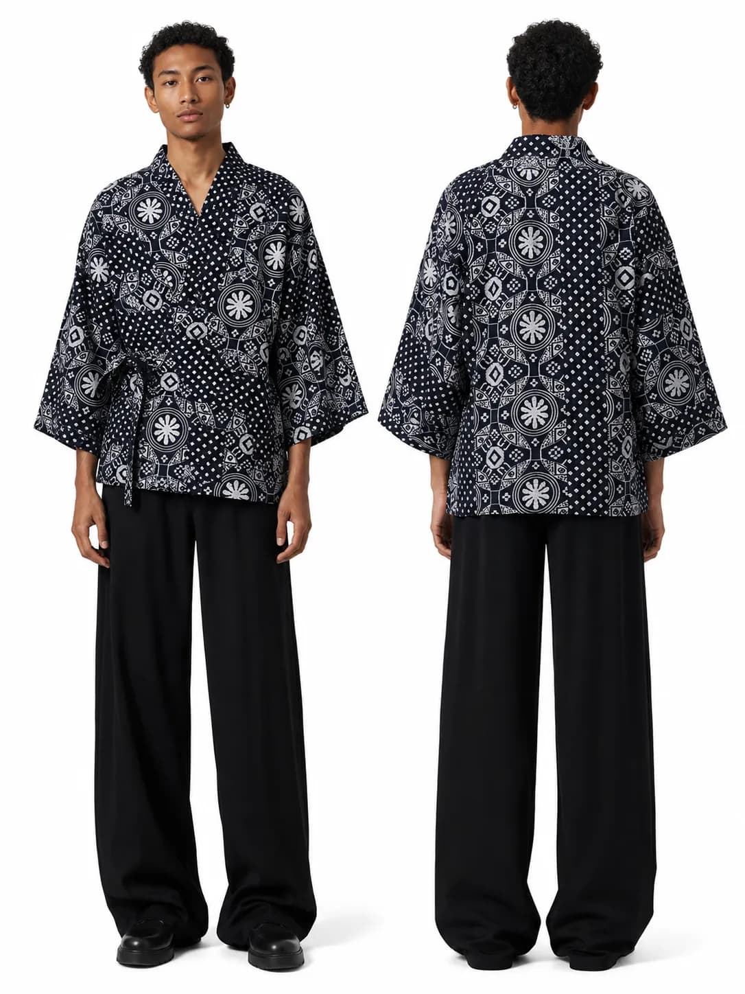 AI-developed e-commerce image: front and back views of a navy kimono shirt with a white bandana-style print, worn with wide black trousers.