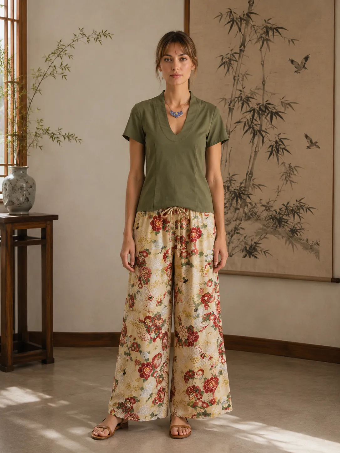 AI-developed lifestyle image: a model in an olive top and floral wide-leg trousers, standing in an interior with a painted bamboo screen.