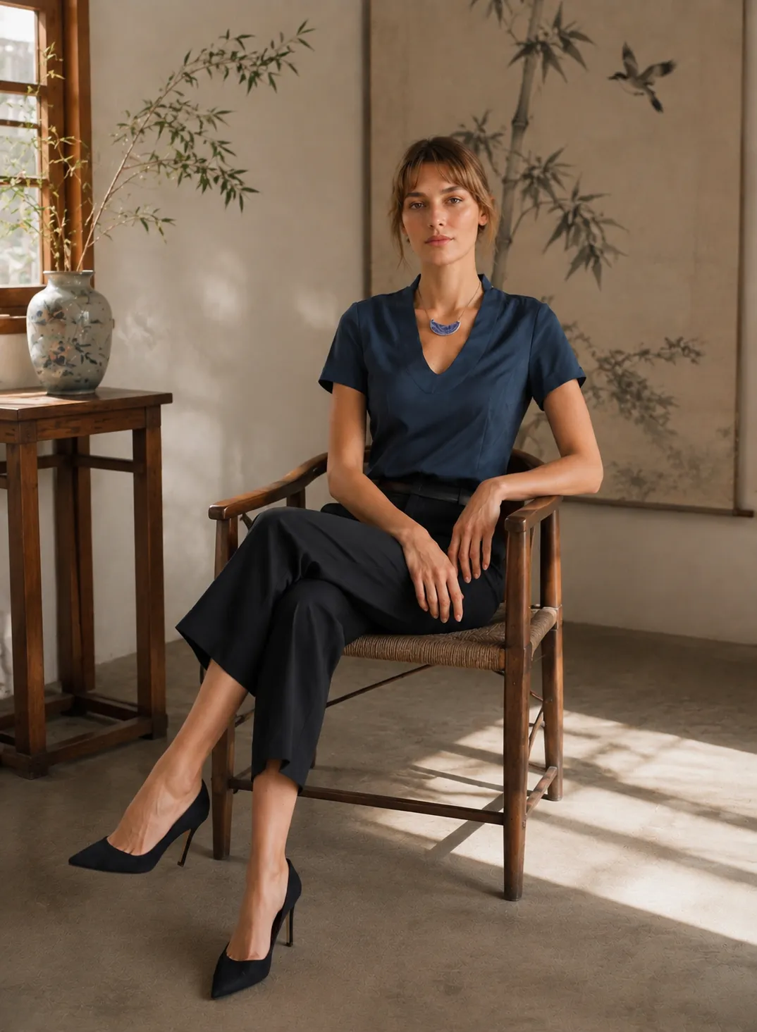 AI-developed lifestyle image: a model seated on a wooden chair in a navy top and dark cropped trousers, in the same painted-screen interior.